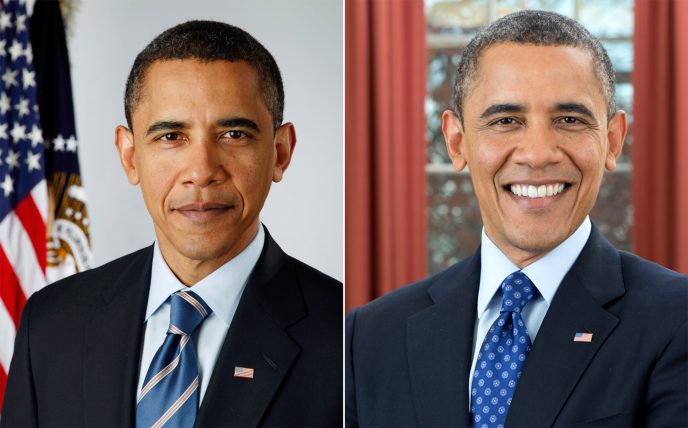 Official portrait of President-elect Barack Obama on Jan. 13, 2009.(left) President Barack Obama is photographed during a presidential portrait sitting for an official photo in the Oval Office, Dec. 6, 2012. (Official White House Photo by Pete Souza)
